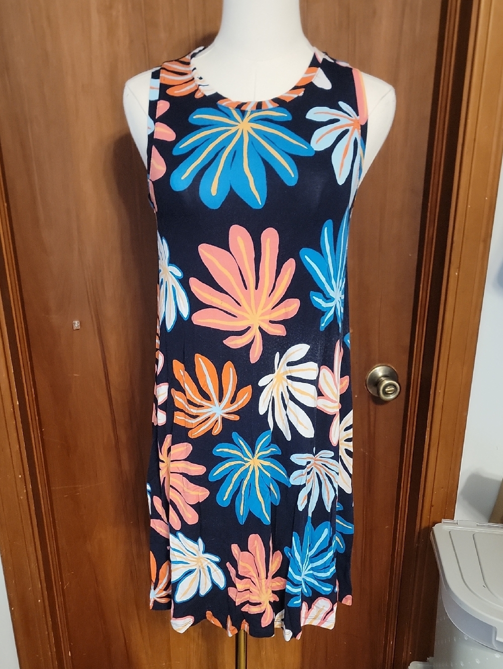 Navy Floral Swing Dress with Multicolor Palm Print